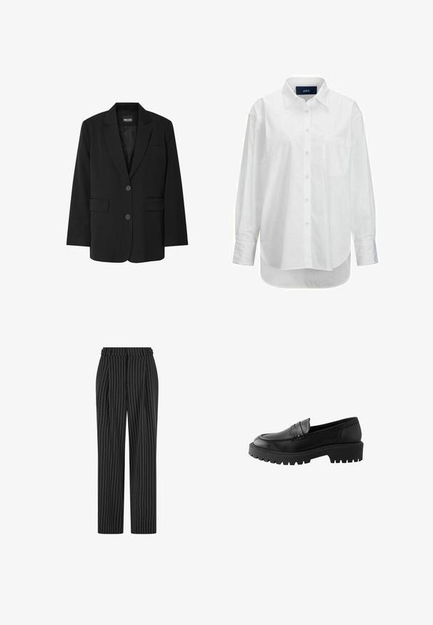 Zwarte blazer van PIECES, met een geknipt kraag, twee voork zakken en een sluiting met twee knopen, gemaakt van gladde stof.; Witte lange mouwen shirt van glad katoen met een button-down kraag, voorzak en ronde zoom. Heeft een achterpand voor extra structuur.; Zwarte gestreepte broek met een hoge taille, geplooide voorkant en een recht, slim-fit ontwerp. De stof lijkt gestructureerd en is op maat gemaakt voor een formele uitstraling.; Zwarte leren instapper met een ronde neus, verhoogde stiknaaddetails en een stevige rubberen zool met diepe profielen voor grip.