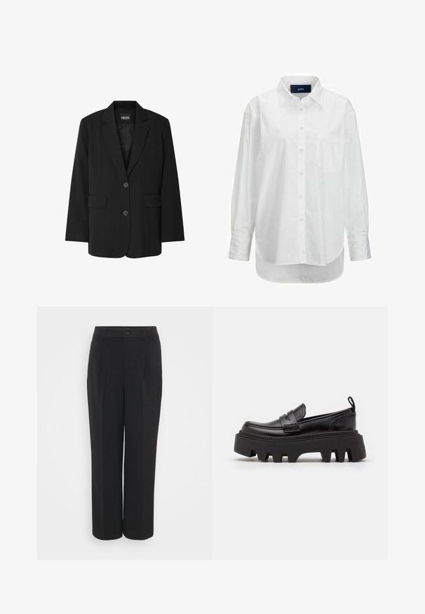 Blazer negro de PIECES, con cuello de muesca, dos bolsillos frontales y cierre de dos botones, fabricado en un tejido suave.; Camisa blanca de manga larga en algodón suave con cuello abotonado, bolsillo frontal y dobladillo curvado. Cuenta con un canesú en la parte posterior para mayor estructura.; Pantalones negros de talle alto con una textura suave, frente plisado y cierre de botón único. Diseño de pierna ancha con bolsillos laterales.; Mocasines de cuero negro con una suela de goma negra gruesa, que cuentan con ranuras antideslizantes y una correa decorativa en la parte delantera.