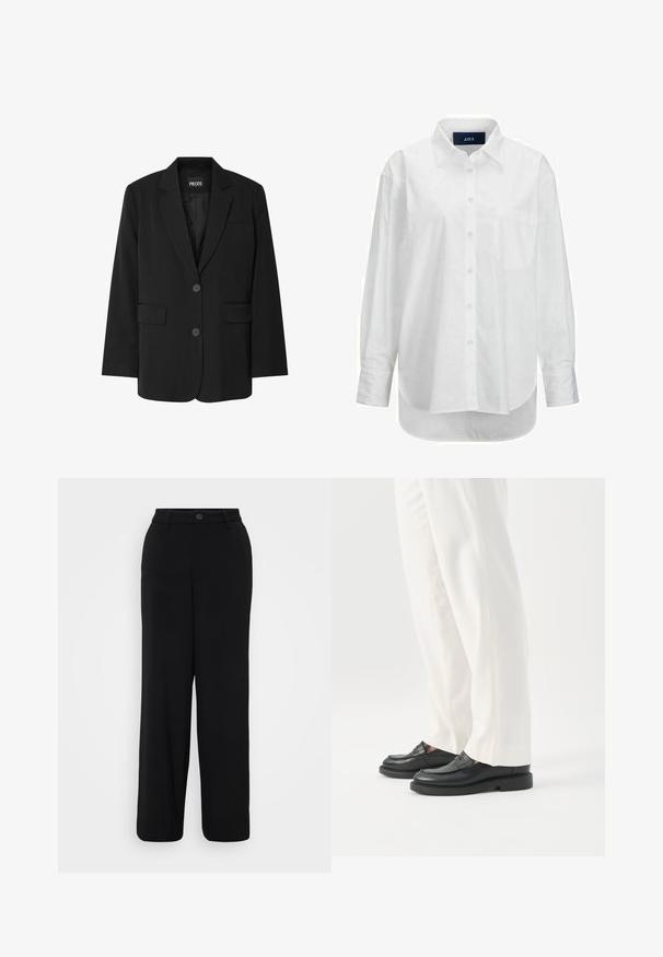 Sort blazer fra PIECES med reverskrave, to frontlommer og to knaplukninger, lavet af glat stof.; Hvid langærmet skjorte i glat bomuld med knapkrave, frontlomme og buet nederkant. Har en rygskulder for ekstra struktur.; Sorte breddebenbukser lavet af et glat stof. Har en taljebånd med en knaplukning og detaljer med frontfolder.; Person iført hvide skræddersyede bukser og sorte læder loafers stående på hvid baggrund.