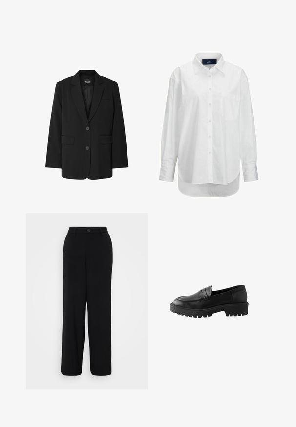 Sort blazer fra PIECES med reverskrave, to frontlommer og to knaplukninger, lavet af glat stof.; Hvid langærmet skjorte i glat bomuld med knapkrave, frontlomme og buet nederkant. Har en rygskulder for ekstra struktur.; Sorte breddebenbukser lavet af et glat stof. Har en taljebånd med en knaplukning og detaljer med frontfolder.; Sort læder loafer med rund tå, hævet sømdetalje og kraftig gummisål med dybe riller for bedre greb.