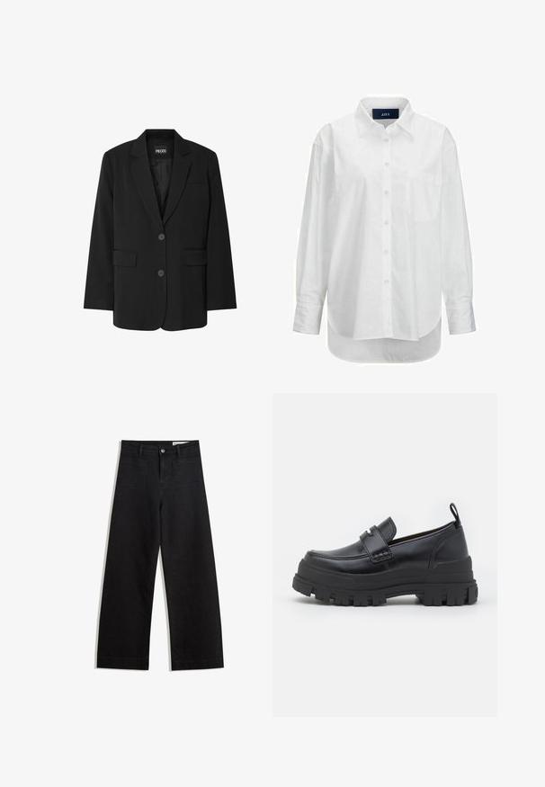 Schwarzer Blazer von PIECES, mit Reverskragen, zwei Fronttaschen und zwei Knopfverschluss, aus glattem Stoff gefertigt.; Weißes Langarmhemd aus glattem Baumwollstoff mit Button-Down-Kragen, Brusttasche und abgerundetem Saum. Verfügt über eine Schulterpasse für zusätzliche Struktur.; Schwarze weit geschnittene Jeans mit hoher Taille, ausgestattet mit Vorder- und Hintertaschen, gesteppten Nähten und einem Knopfverschluss. Glatte Textur.; Schwarzer Lederloafer mit dicker profilstarker Sohle, Mokassinnaht vorne, Riemendetail oben und Zuglasche an der Ferse, seitlich gezeigt.