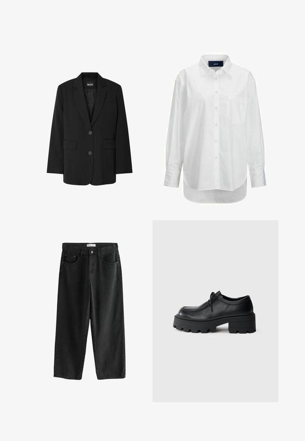Schwarzer Blazer von PIECES, mit Reverskragen, zwei Fronttaschen und zwei Knopfverschluss, aus glattem Stoff gefertigt.; Weißes Langarmhemd aus glattem Baumwollstoff mit Button-Down-Kragen, Brusttasche und abgerundetem Saum. Verfügt über eine Schulterpasse für zusätzliche Struktur.; Schwarze, weit geschnittene Denim-Jeans mit mittelhoher Taille, die über zwei Fronttaschen, einen Knopfverschluss und dezente Nähedetails verfügt.; Schwarze Leder Schnürschuhe mit einer dicken, strukturierten schwarzen Gummisohle und einer runden Spitze. Verfügt über dezente Stickdetails.