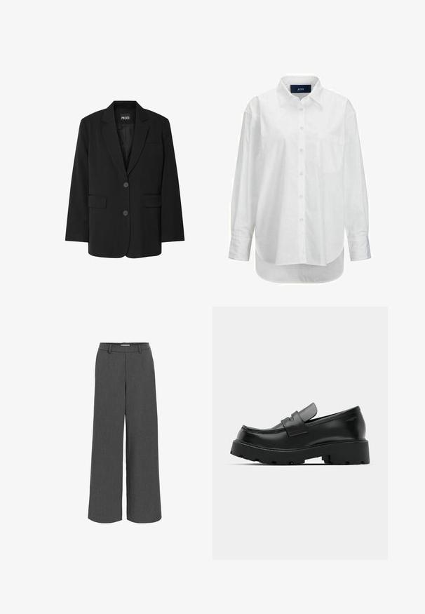 Veste noire simple boutonnage avec revers à encoche, deux poches à rabat avant, deux boutons et une poche poitrine, présentée sur fond blanc.; Chemise blanche à manches longues en coton doux avec un col boutonné, une poche à l'avant et un ourlet arrondi. Présente un empiècement au dos pour plus de structure.; Pantalon large gris fabriqué en tissu texturé, avec une ceinture élastique et des poches avant pour un ajustement décontracté.; Mocassins en cuir noir avec une semelle épaisse et texturée, dotés d'une sangle sur le vamp et d'une finition lisse et polie.