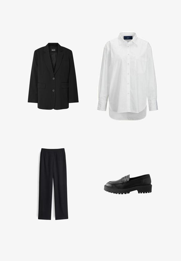 Schwarzer Blazer von PIECES, mit Reverskragen, zwei Fronttaschen und zwei Knopfverschluss, aus glattem Stoff gefertigt.; Weißes Langarmhemd aus glattem Baumwollstoff mit Button-Down-Kragen, Brusttasche und abgerundetem Saum. Verfügt über eine Schulterpasse für zusätzliche Struktur.; Schwarze weite Hose aus glattem Stoff mit elastischem Bund und ohne sichtbare Taschen. Gerade Form mit sauberem Finish.; Schwarze Lederloafer mit abgerundetem Zehenbereich, erhöhten Nähten und einer stabilen Gummisohle mit tiefen Profiltiefen für besseren Halt.