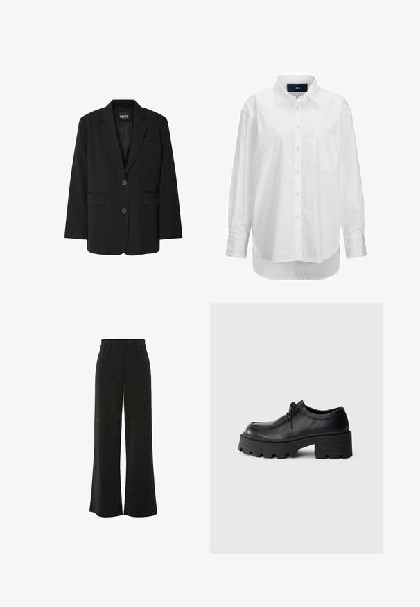 Blazer noir de la marque PIECES, avec un col cranté, deux poches avant et une fermeture à deux boutons, fabriqué à partir d'un tissu lisse.; Chemise blanche à manches longues en coton doux avec un col boutonné, une poche à l'avant et un ourlet arrondi. Présente un empiècement au dos pour plus de structure.; Pantalons noirs à jambes larges avec une taille élastique ; confectionnés dans un matériau texturé et léger qui réfléchit subtilement la lumière.; Chaussure en cuir noir à lacets avec une semelle en caoutchouc noir épaisse et texturée et un bout arrondi. Présente des détails de couture discrets.