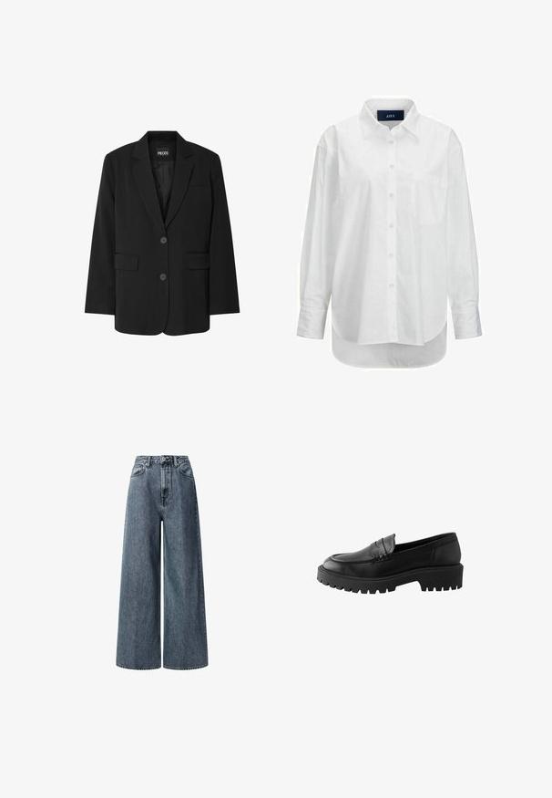 Čierny blazer značky PIECES, ktorý má klopa s notovaním, dve predné vrecká a zapínanie na dva gombíky, vyrobený z hladkej látky.; Biele dlhé rukávy košele z hladkej bavlny s golierom na gombíky, prednou vreckom a zakriveným lemom. Obsahuje zadný diel pre zvýšenú štruktúru.; Široké, vysoko posadené džínsy v tmavom modrom denime. Obsahujú klasické predné vrecká, pútka na opasok a zips s kovovým gombíkom.; Čierne kožené loafery s okrúhlym špičkou, zvýrazneným švom a masívnou gumovou podrážkou s hlbokým dezénom pre lepšiu trakciu.