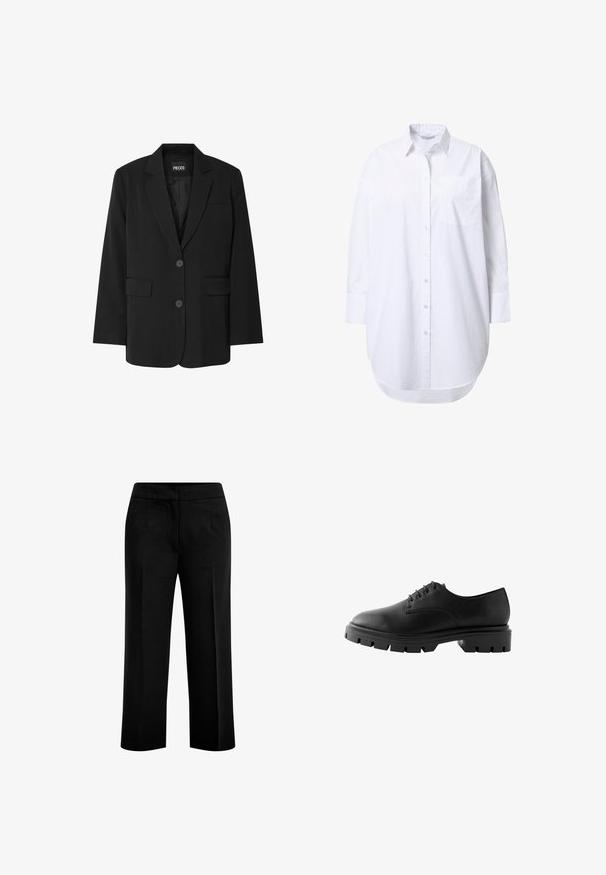 Čierny blazer značky PIECES, ktorý má klopa s notovaním, dve predné vrecká a zapínanie na dva gombíky, vyrobený z hladkej látky.; Nadmierne biela košeľa na gombíky s dlhými rukávmi, špicatým golierom, predným vreckom a mierne zaobleným lemom.; Čierne nohavice s širokými nohavicami vyrobené z hladkej tkaniny, ktoré majú dva predné vrecká a plochý pás. Strih s čistou siluetou.; Čierna kožená topánka s okrúhlou špičkou, šiestimi dierkami, plochými šnúrkami a robustnou gumovou podrážkou s hlbokým vzorom.