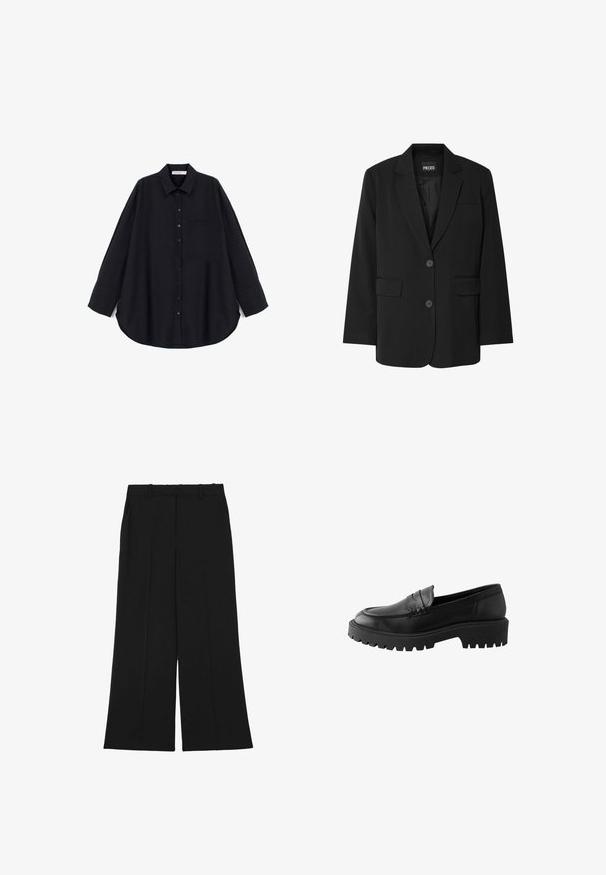 Zwarte blazer van PIECES, met een geknipt kraag, twee voork zakken en een sluiting met twee knopen, gemaakt van gladde stof.; Zwarte button-up shirt van een textuurstof. Heeft een puntige kraag, lange mouwen, een borstzak en een gebogen zoom.; Zwarte wijde broek gemaakt van een gladde stof. Voorzien van een hoge taille, dubbele voorplooien en riemlussen. Geen zichtbare zakken of versieringen.; Zwarte leren instapper met een ronde neus, verhoogde stiknaaddetails en een stevige rubberen zool met diepe profielen voor grip.