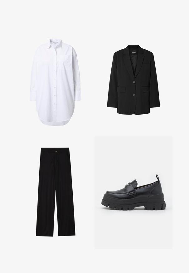 Sort blazer fra PIECES med reverskrave, to frontlommer og to knaplukninger, lavet af glat stof.; Overdimensioneret hvid skjorte med lange ærmer, spidst krave, forlommer og let buet nederkant.; Bredde ben sorte bukser lavet af et glat stof, med forlommer og knaplukning i taljen. Minimalistisk design uden mønstre.; Sort læderloafer med tyk rillede sål, mok tå syning, remdetalje over toppen og trækstrop på hælen, vist i sideprofil.