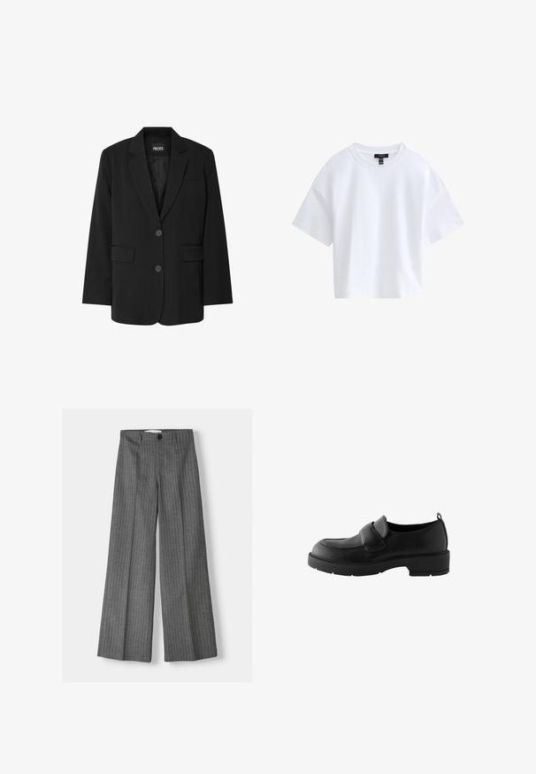 Zwarte blazer van PIECES, met een geknipt kraag, twee voork zakken en een sluiting met twee knopen, gemaakt van gladde stof.; Effen witte cropped T-shirt met korte mouwen, een ronde hals en een zwart merkembleem aan de binnenkant van de kraag.; Grijze wijde broek met een streepjespatroon, voorzien van een knoopsluiting en twee voorkleppen. Gemaakt van gestructureerde stof.; Zwarte leren loafers met een ronde neus, voorzien van een voorband en een rubberen zool met textuur voor grip. Inclusief een trekband aan de hiel.