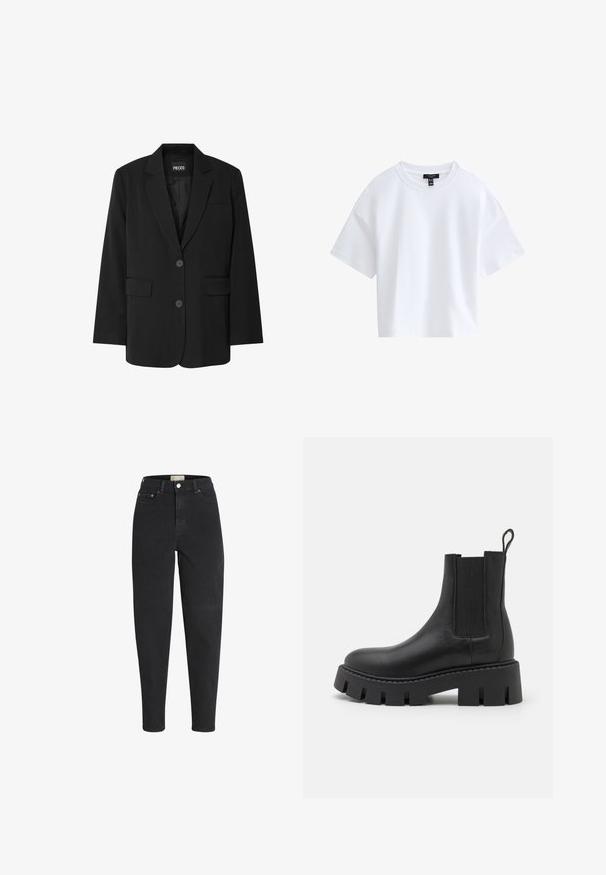 Blazer negro de PIECES, con cuello de muesca, dos bolsillos frontales y cierre de dos botones, fabricado en un tejido suave.; Camiseta blanca sencilla de manga corta y corte cropped con escote redondo y etiqueta negra de la marca dentro del cuello.; Pantalones vaqueros negros de cintura alta y corte cónico, con cierre delantero de botón y cremallera, bolsillos delanteros y traseros, y detalles de remaches metálicos.; Botín negro de piel con paneles elásticos a los lados, suela gruesa y texturizada, y una lengüeta en la parte trasera para facilitar su uso.