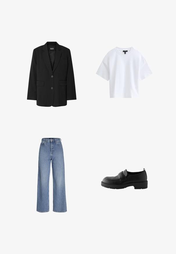 Zwarte blazer van PIECES, met een geknipt kraag, twee voork zakken en een sluiting met twee knopen, gemaakt van gladde stof.; Effen witte cropped T-shirt met korte mouwen, een ronde hals en een zwart merkembleem aan de binnenkant van de kraag.; Lichtblauwe denim jeans met hoge taille, brede pijpen, voor knoop- en ritssluiting en een ontwerp met vijf zakken.; Zwarte leren loafers met een ronde neus, voorzien van een voorband en een rubberen zool met textuur voor grip. Inclusief een trekband aan de hiel.