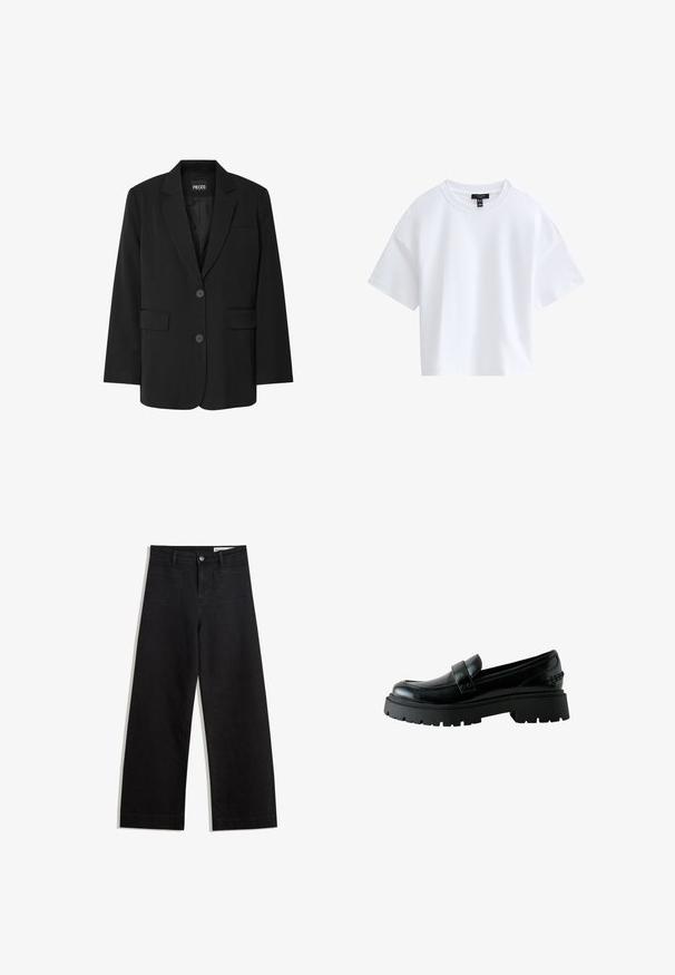 Sort blazer fra PIECES med reverskrave, to frontlommer og to knaplukninger, lavet af glat stof.; Simpel hvid kortærmet crop top med rund halsudskæring og sort mærke indeni kraven.; Sorte wide-leg denim bukser med høj talje, der har front- og baglommer, syede sømme og en knaplukning. Glat tekstur.; Sort lædermokassin med tyk kraftig sål, rundet tå og remdetalje tværs over toppen, vist fra siden på hvid baggrund.