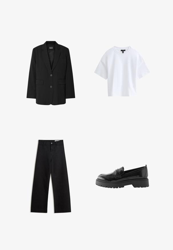 Schwarzer Blazer von PIECES, mit Reverskragen, zwei Fronttaschen und zwei Knopfverschluss, aus glattem Stoff gefertigt.; Schlichtes weißes kurzärmeliges Cropped-T-Shirt mit rundem Ausschnitt und schwarzem Markenlabel innen im Kragen.; Schwarze weit geschnittene Jeans mit hoher Taille, ausgestattet mit Vorder- und Hintertaschen, gesteppten Nähten und einem Knopfverschluss. Glatte Textur.; Schwarze Lackleder-Slipper verfügen über eine niedrige Plateausohle mit einer robusten Profilsohle und einer genähten Detail über dem Mittelfuß.