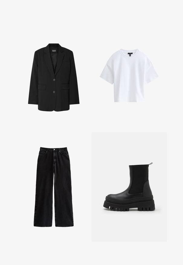 Blazer negro de PIECES, con cuello de muesca, dos bolsillos frontales y cierre de dos botones, fabricado en un tejido suave.; Camiseta blanca sencilla de manga corta y corte cropped con escote redondo y etiqueta negra de la marca dentro del cuello.; Pantalones de denim negros de pierna ancha con una cintura alta, que cuentan con un clásico diseño de cinco bolsillos y un cierre de botón, fabricados con una resistente tela de algodón.; Botas negras hasta el tobillo con un upper de piel lisa, paneles laterales elásticos y una suela de goma gruesa con surcos profundos para mejor tracción.