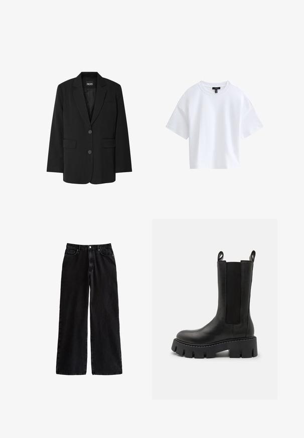 Blazer negro de PIECES, con cuello de muesca, dos bolsillos frontales y cierre de dos botones, fabricado en un tejido suave.; Camiseta blanca sencilla de manga corta y corte cropped con escote redondo y etiqueta negra de la marca dentro del cuello.; Pantalones de denim negros de pierna ancha con una cintura alta, que cuentan con un clásico diseño de cinco bolsillos y un cierre de botón, fabricados con una resistente tela de algodón.; Botín negro de cuero con paneles laterales elásticos, tiradores, suela gruesa con relieve y detalles de costura reforzada. La superficie tiene una textura suave.
