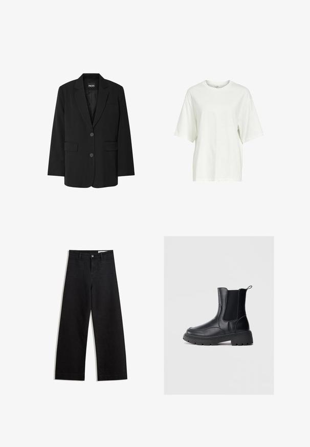 Čierny blazer značky PIECES, ktorý má klopa s notovaním, dve predné vrecká a zapínanie na dva gombíky, vyrobený z hladkej látky.; Jednoduché biele oversized tričko s krátkym rukávom, okrúhlym výstrihom a malou etiketu vo vnútri goliera.; Čierne denimové nohavice s širokými nohavicami a vysokým pásom, so prednými a zadnými vreckami, šitými švami a zapínaním na gombík. Hladká textúra.; Čierne chelsea čižmy z hladkej kože s elastickými bočnými panelmi, hrubou, robustnou podrážkou a s poutkom na zadnej strane pre pohodlné obúvanie.
