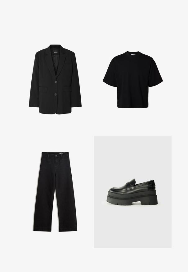 Sort blazer fra PIECES med reverskrave, to frontlommer og to knaplukninger, lavet af glat stof.; Sort oversized T-shirt med korte ærmer, rund halsudskæring og afslappet pasform, vist på hvid baggrund.; Sorte wide-leg denim bukser med høj talje, der har front- og baglommer, syede sømme og en knaplukning. Glat tekstur.; Sorte læder loafers med en kraftig platformsål. Rund tå, forkant-søm detalje og subtile syninger. Flad, struktureret ydersål.
