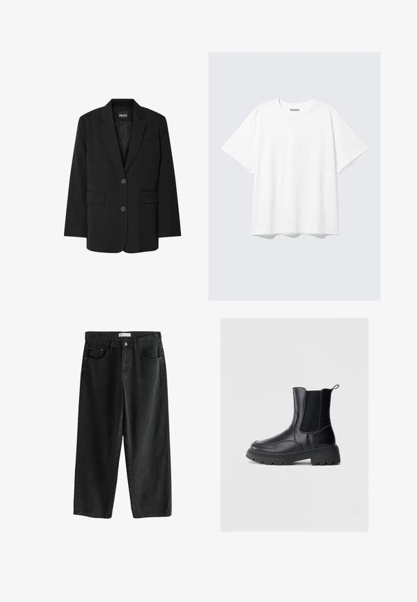 Zwarte blazer van PIECES, met een geknipt kraag, twee voork zakken en een sluiting met twee knopen, gemaakt van gladde stof.; Witte T-shirt met korte mouwen en een ronde hals, met een relaxte pasvorm en een "WEEKDAY" label aan de binnenkant achter bij de hals.; Zwarte wijde denim jeans met een medium taille, voorzien van twee voorzakken, een knoopsluiting en subtiele stikdetails.; Zwarte chelsea boots van soepel leer, met elastische zijpanelen, een dikke, robuuste hak en een lepel aan de achterkant voor gemakkelijk aan- en uittrekken.
