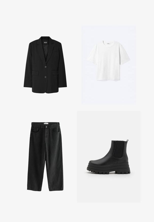 Schwarzer Blazer von PIECES, mit Reverskragen, zwei Fronttaschen und zwei Knopfverschluss, aus glattem Stoff gefertigt.; Weißes T-Shirt mit kurzen Ärmeln und Rundhalsausschnitt mit geradem Saum, innen mit gebrandetem "WEEKDAY"-Label am Kragen.; Schwarze, weit geschnittene Denim-Jeans mit mittelhoher Taille, die über zwei Fronttaschen, einen Knopfverschluss und dezente Nähedetails verfügt.; Schwarze Chelsea-Boots mit einer robusten Plattformsohle, einem glatten Lederoberteil, elastischen Seiteneinsätzen und einer Zuglasche für ein einfaches Anziehen.