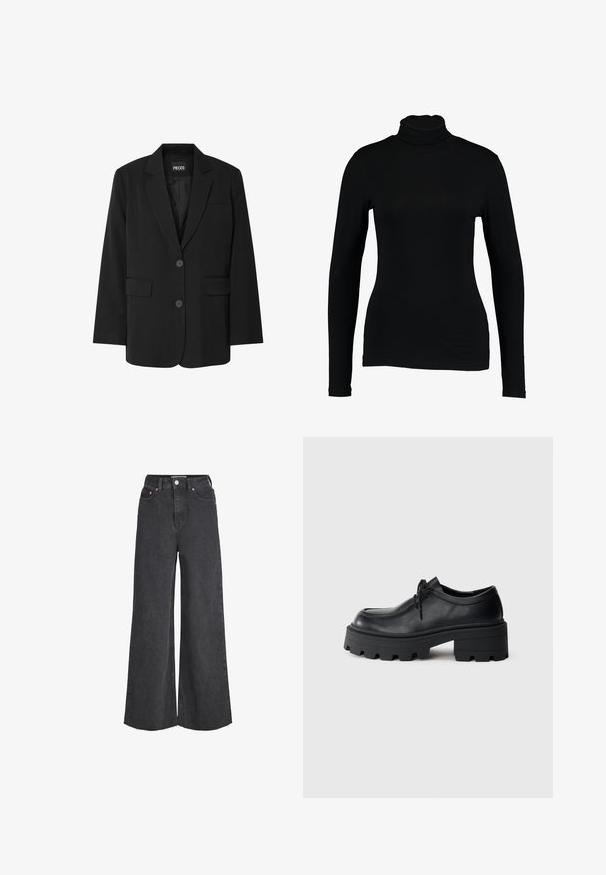 Sort blazer fra PIECES med reverskrave, to frontlommer og to knaplukninger, lavet af glat stof.; Sort langærmet turtleneck top lavet af glat stof, med et tætsiddende design og høj hals, velegnet til lag-på-lag brug eller som en selvstændig beklædningsgenstand.; Sorte jeans med høj talje og vide ben, lukkes foran med knap og lynlås, forlommer og frynset kant.; Sort læder snørebåndssko med en tyk, tekstureret sort gummisål og en rund tå. Har subtile syninger.