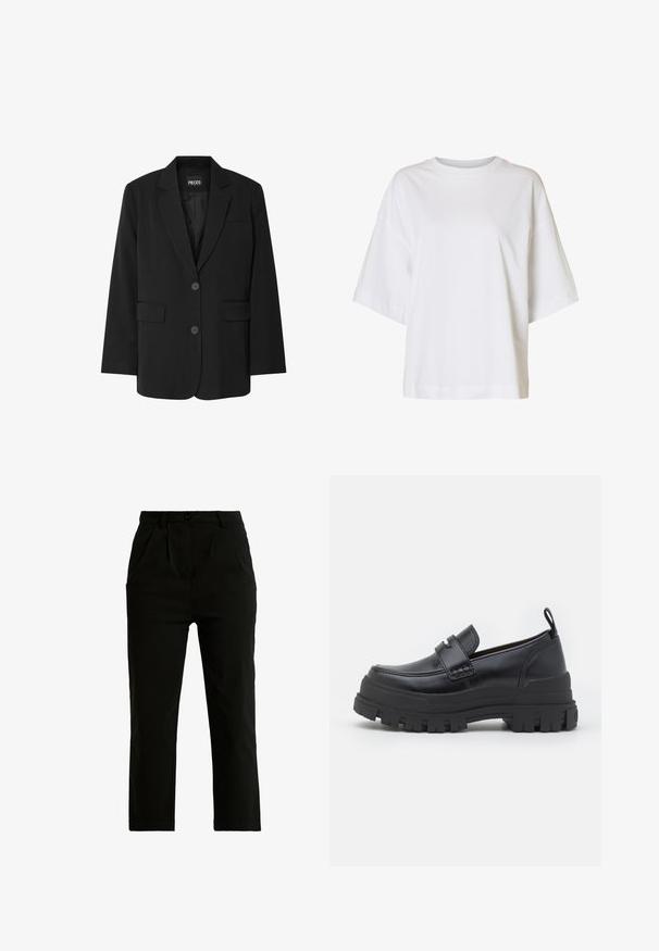 Čierny blazer značky PIECES, ktorý má klopa s notovaním, dve predné vrecká a zapínanie na dva gombíky, vyrobený z hladkej látky.; Voľne strihané biele tričko s krátkym rukávom, spustenými ramenami a okrúhlym výstrihom na jednofarebnom pozadí.; Čierne nohavice vyrobené z bavlneného zmesi, s rovnými nohavicami, dvoma prednými vreckami, jediným gombíkovým zapínaním a viditeľnými švovými detailmi.; Čierny kožený mokasín s hrubou ryhovanou podrážkou, švy typu mok toe, detail popruhu na vrchu a pruh na päte, zobrazený z profilu.