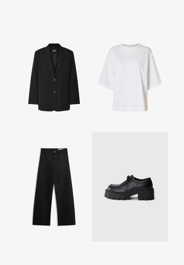 Schwarzer Blazer von PIECES, mit Reverskragen, zwei Fronttaschen und zwei Knopfverschluss, aus glattem Stoff gefertigt.; Weißes T-Shirt mit kurzem Ärmel, weitem Schnitt, eingesetzten Schultern und rundem Ausschnitt auf einfarbigem Hintergrund.; Schwarze weit geschnittene Jeans mit hoher Taille, ausgestattet mit Vorder- und Hintertaschen, gesteppten Nähten und einem Knopfverschluss. Glatte Textur.; Schwarze Leder Schnürschuhe mit einer dicken, strukturierten schwarzen Gummisohle und einer runden Spitze. Verfügt über dezente Stickdetails.