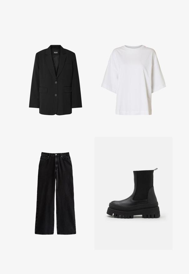 Blazer negro de PIECES, con cuello de muesca, dos bolsillos frontales y cierre de dos botones, fabricado en un tejido suave.; Camiseta blanca de manga corta y ajuste holgado, con hombros caídos y cuello redondo sobre un fondo liso.; Pantalones de denim negros de pierna ancha con una cintura alta, que cuentan con un clásico diseño de cinco bolsillos y un cierre de botón, fabricados con una resistente tela de algodón.; Botas negras hasta el tobillo con un upper de piel lisa, paneles laterales elásticos y una suela de goma gruesa con surcos profundos para mejor tracción.