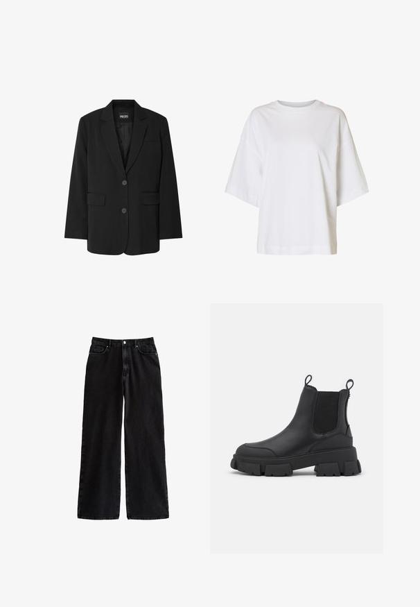 Zwarte blazer van PIECES, met een geknipt kraag, twee voork zakken en een sluiting met twee knopen, gemaakt van gladde stof.; Loszittend wit T-shirt met korte mouwen, verlaagde schouders en een ronde hals op een effen achtergrond.; Zwarte, wijde denim broek met hoge taille, voorzien van een klassiek vijf-pocket ontwerp en een knoopsluiting, gemaakt van stevige katoen.; Zwarte leren Chelsea-boots met een robuuste rubberen zool, voorzien van elastische zijpanelen en trekriempjes voor gemakkelijk aan- en uittrekken. Gladde afwerking, textuuraccenten.