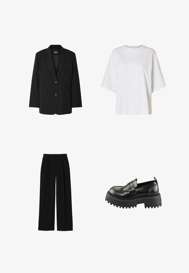 Sort blazer fra PIECES med reverskrave, to frontlommer og to knaplukninger, lavet af glat stof.; Løs hvid T-shirt med korte ærmer, sænkede skuldre og rund halsudskæring på ensfarvet baggrund.; Sorte bukser med høj talje og vidde i benene med bæltestropper og forreste presninger, vist på hvid baggrund.; Sorte læder loafers med en tyk, struktureret sort gummisål. Har en rund tå og en dekorativ rem på tværs af vamps.