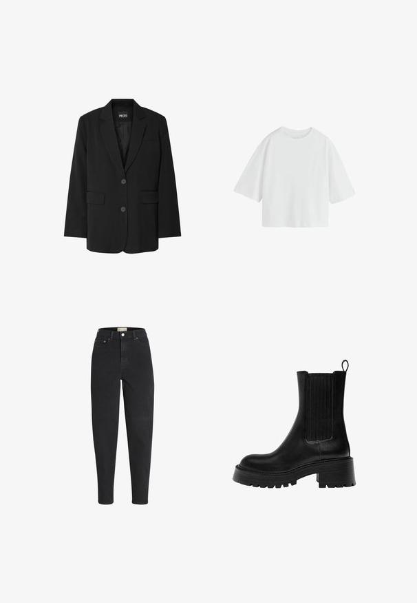 Zwarte blazer van PIECES, met een geknipt kraag, twee voork zakken en een sluiting met twee knopen, gemaakt van gladde stof.; Effen witte oversized T-shirt met korte mouwen, een ronde hals en een losse pasvorm.; Zwarte jeans met hoge taille en taps toelopende pijpen, voorzien van een knoop- en ritssluiting aan de voorkant, voor- en achterzakken en metalen klinknageldetails.; Zwarte leren enkelboot met een stevige zool, gestructureerde zijpanelen en een trekband. Beschikt over een gladde afwerking en een ronde neus.