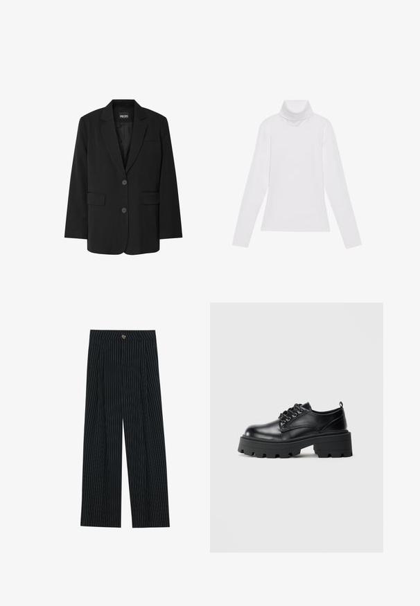 Blazer negro de PIECES, con cuello de muesca, dos bolsillos frontales y cierre de dos botones, fabricado en un tejido suave.; Top blanco de manga larga y cuello alto, confeccionado en una tela suave y elástica. Presenta un diseño ajustado, sin patrones o adornos visibles.; Pantalones de pierna ancha a rayas negras, fabricados con una tela texturizada, que cuentan con un cierre frontal de botón y un diseño plisado para mayor interés.; Zapatos de cuero negro con puntera redondeada, diseño de cordones y suela de goma gruesa con surcos profundos. Detalles de costura simple a lo largo de los bordes.