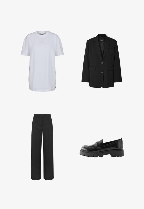 Zwarte blazer van PIECES, met een geknipt kraag, twee voork zakken en een sluiting met twee knopen, gemaakt van gladde stof.; Effen wit T-shirt met korte mouwen en ronde hals, met een rechte zoom en een klein zichtbaar merklabel binnenin de kraag.; Zwarte, brede broek met hoge taille, riemlussen en voorste plooinaden, op maat gemaakt voor een formele of professionele uitstraling.; Zwarte lakleren loafers hebben een laag platformzool met een robuuste profiel en een gestikte detail over de middenvoet.