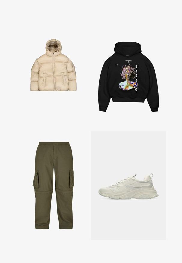 Beige Steppjacke mit Kapuze, ausgestattet mit einem Frontreißverschluss, zwei Seitentaschen und einer strukturierten Oberfläche. Enthält ein Logopatch auf der Vorderseite.; Schwarz mit Kapuze Sweatshirt featuring ein mehrfarbiges Grafik eines Medusa-ähnlichen Figur, mit hervorgehobenem Text und einer vorderen Kängurutasche.; Olivgrüne Cargo-Hosen aus leichtem Material, mit mehreren Seitentaschen, einem elastischen Bund und einem geraden Schnitt.; Klobiger weißer Sneaker mit Netzakzenten, texturierter Gummisohle und abgerundeter Form. Verfügt über minimalistisches Branding und eine Ziehschlaufe an der Ferse.