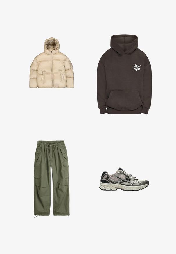 Beige puffer-jakke med hætte, med en frontlynlås, to sidelommer og en tekstureret finish. Har et logopatch på fronten.; Mørkebrun hoodie lavet af bomuldsblanding, med en kengurulomme, ribbede manchetter og et hvidt "drop size" logo på venstre brystområde.; Olivenfarvede cargo-bukser med elastisk talje, snor, flere sidelommer og tætsiddende ankler. Fremstillet af holdbart bomuldsstof.; Lysegrå og sort atletisk løbesko med mesh-paneler, polstret sål og hvide mønstrede snørebånd vist fra siden på hvid baggrund.