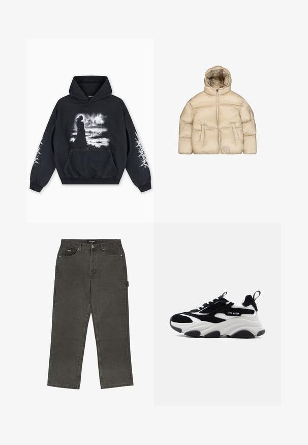 Veste matelassée beige avec une capuche, dotée d'une fermeture éclair à l'avant, de deux poches latérales et d'une finition texturée. Contient un patch logo sur le devant.; Sweat à capuche noir présentant un imprimé graphique au centre montrant une silhouette sur un fond nuageux. Comprend une poche kangourou et des motifs d'étoiles sur les manches.; Jean en denim gris foncé avec une coupe droite, style à cinq poches, et une petite boucle utilitaire sur le côté pour plus de fonctionnalité.; Baskets Steve Madden en noir et blanc avec panneaux en mesh et daim, semelle épaisse sculptée, languettes noires et lacets blancs, vues de profil.