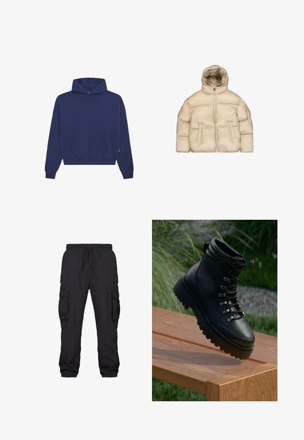 Veste matelassée beige avec une capuche, dotée d'une fermeture éclair à l'avant, de deux poches latérales et d'une finition texturée. Contient un patch logo sur le devant.; Hoodie bleu marine en matériau polaire, doté d'une poche kangourou à l'avant, de poignets côtelés et d'une coupe décontractée avec une capuche à cordon.; Pantalons cargo noirs en tissu léger, dotés d'une taille élastique avec cordon de serrage, de multiples poches et d'une coupe décontractée.; Bottines en cuir noir avec un bout rond, une semelle en caoutchouc texturée bien marquée et des œillets métalliques. Elles disposent d'un col rembourré et de lacets robustes.