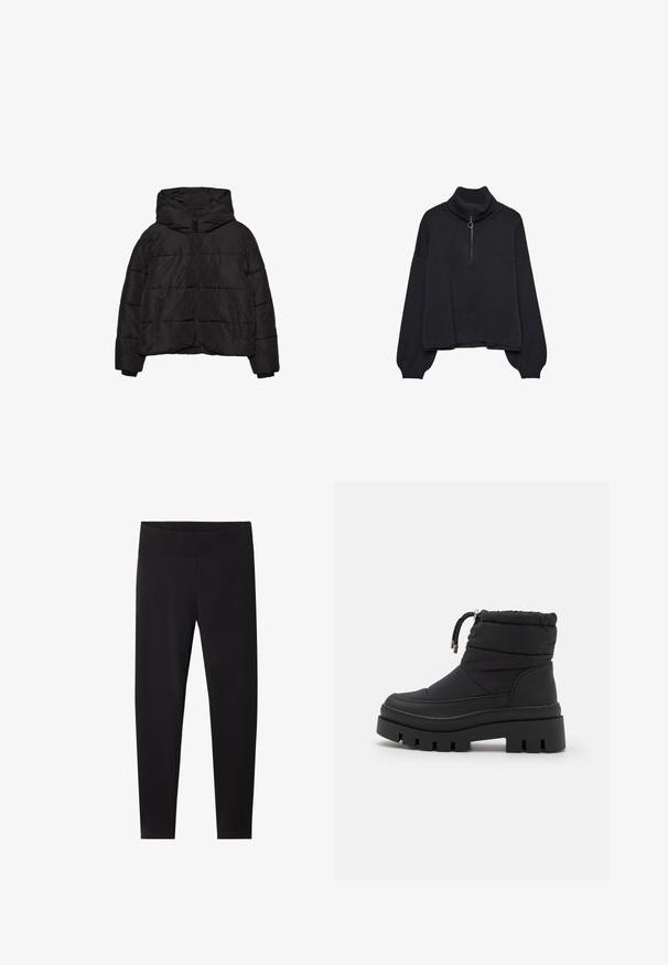 Sort pufjakke med frontlynlås, to sidelommer, lange ærmer og en stor hætte.; Sort højhalset sweater med halv lynlås foran, oversized ærmer og blød tekstur. Har ribbet krave og kant. Minimalistisk design.; Sorte leggings med en bred, elastisk talje. Fremstillet af et glat, strækbart materiale, skræddersyet til en tætsiddende silhuet uden synlige mønstre.; Sorte ankelstøvler med polstret overdel, snørebånds-lukning og en kraftig gummisål med dybe riller for godt greb. Glat og mat tekstur.