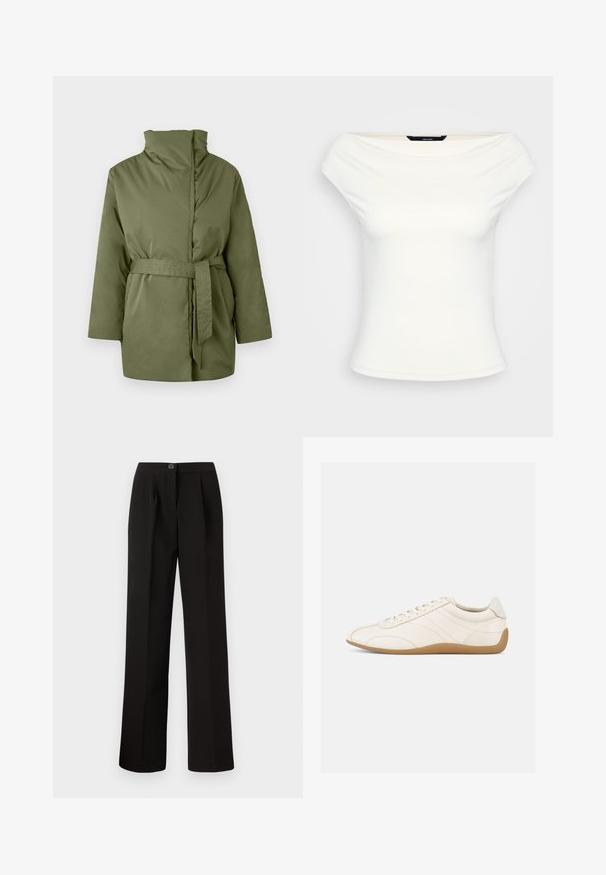 Olivengrøn polstret jakke med høj krave, lange ærmer og bælte i matchende stof knyttet i taljen.; Hvid off-shoulder top, tætsiddende design, blødt strækstof, korte ærmer og en glat overflade uden synlige mønstre eller udsmykninger.; Sorte bukser med lige ben, der har frontfolder, knaplukning og et glat, struktureret stof.; Hvid lædersneaker med en glat tekstur, rund tå og tonale syninger. Har en tanfarvet gummisål og snørebånds-lukning.