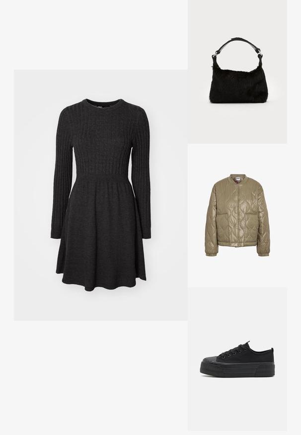 Hellbraune Steppjacke mit langen Ärmeln, zwei Fronttaschen, elastischen Bündchen und rundem Kragen.; Dunkelgraues geripptes Strickkleid mit langen Ärmeln, rundem Ausschnitt, figurbetontem Oberteil und ausgestelltem Rock. Weicher Stoff, vielseitiges Design.; Schwarze Leinensneaker mit geriffelter Gummisohle, abgerundeter Spitze und sechs Ösen. Glatte Textur mit einem kontrastierenden Rippendetail am Boden.; Schwarze Kunstfell-Handtasche mit weicher Textur, runder Form und einem stabilen schwarzen Leder-Schulterriemen. Sichtbare silberne Hardware-Akzente.