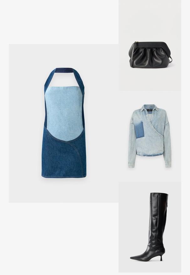 Lyseblå denim omslagsskjorte med dyb V-hals, lange ærmer og en kontrasterende mørk lap på venstre side. Flosset kant og klassisk krave.; Denimforklæde med en blanding af lyse og mørke blå stoffer, med buede paneldesign og halterneck silhuet.; Sorte læder knæhøje støvler med spids tå og slank buet hæl. Glat tekstur, tætsiddende design og ingen synlig hardware eller mønstre.; Sort læderclutch med struktureret ramme, rynkedetaljer og en slank håndledsrem på hvid baggrund.