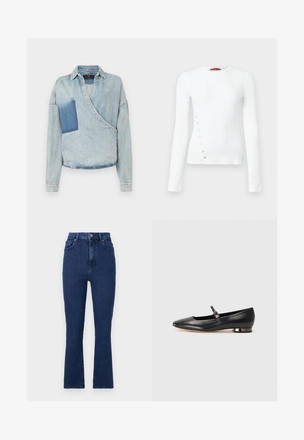Hellblaues Jeans-Wickelshirt mit tiefem V-Ausschnitt, langen Ärmeln und einem kontrastierenden dunklen Fleck auf der linken Seite. Ausgefranste Säume und klassischer Kragen.; Weißes Langarmshirt mit gerippter Struktur, ausgestattet mit silbernen Ösen entlang der linken Seite und einem runden Ausschnitt.; Dunkelblaue, hoch geschnittene Jeans aus Denimstoff mit geradem Bein, die vordere Taschen und einen Metallknopfverschluss aufweisen.; Schwarze Leder-Ballerinas mit spitzem Zehenbereich, minimalem Knöchelriemen und kleinem metallischem Blockabsatz. Glatte Oberfläche, keine sichtbaren Muster.
