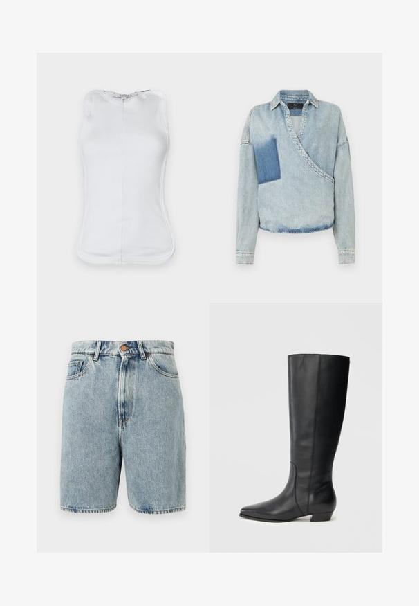Lyseblå denim omslagsskjorte med dyb V-hals, lange ærmer og en kontrasterende mørk lap på venstre side. Flosset kant og klassisk krave.; Hvid ærmeløs top lavet af ribbet bomulds-materiale, med et figursyet design, rund udskæring og synlige sømme langs siderne.; Lyseblå denimshorts med forreste knap, lynlås, bæltestropper samt sidelommer og forlommer mod en hvid baggrund.; Sorte knæhøje læderstøvler med spids tå og lav blokhæl, med en glat tekstur og et rent, strømlinet design.