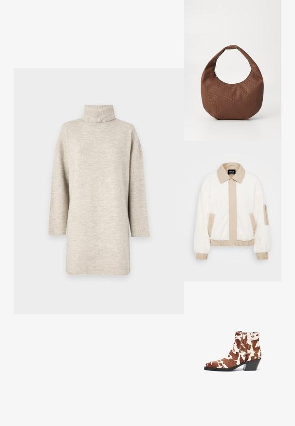 Chaqueta de piel sintética en color marfil con un cuello y panel frontal en beige. Presenta puños elásticos, bolsillos laterales y un bolsillo en la manga con cremallera para almacenamiento.; Suéter beige claro con cuello alto acanalado, mangas largas y un corte holgado. Fabricado en una tela suave con una textura lisa.; Botín de cowboy en faux fur marrón y blanco, con punta afilada y tacón medio cuadrado. Cuenta con paneles elásticos laterales para facilitar su uso.; Bolso tejido marrón con forma redondeada, que presenta un asa única y acolchada, así como una superficie texturizada. Sin herrajes ni acentos visibles.