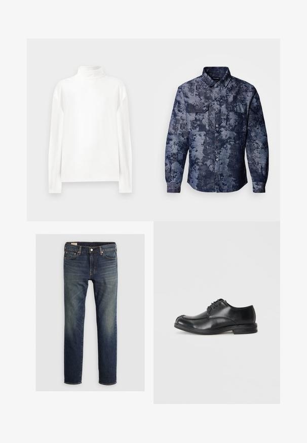 Chemise en denim avec un motif floral bleu foncé, deux poches poitrine, un devant boutonné et un design de col classique. Tissu texturé.; Haut à manches longues blanc en col roulé avec une texture lisse, présentant un col haut et des coutures d'épaule tombantes pour un ajustement décontracté.; Jean en denim bleu foncé avec une coupe droite, cinq poches, couture visible et effet délavé sur les cuisses. Fermeture à bouton en métal.; Chaussures en cuir noir à lacets avec un bout arrondi, texture lisse et un petit talon. Présente des détails de couture le long de l'empeigne et des côtés.