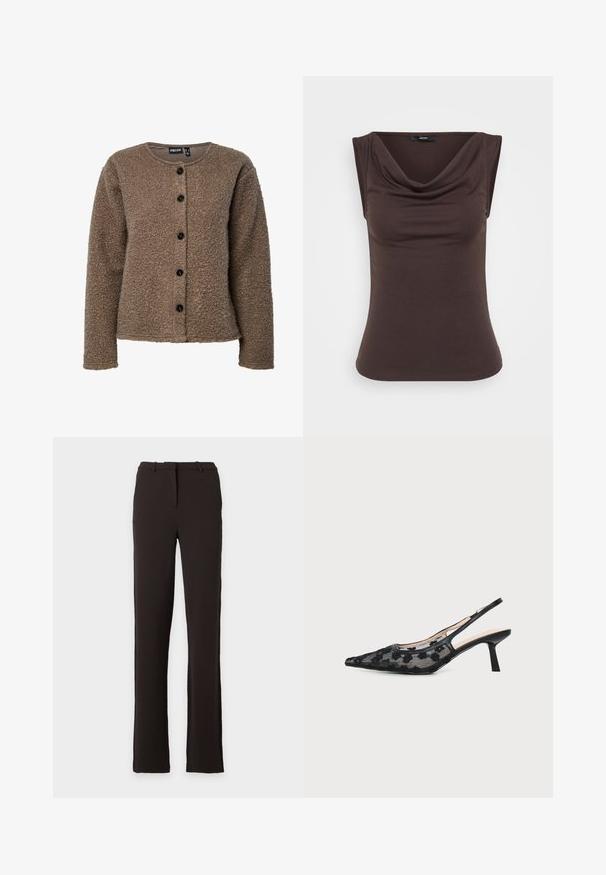 Cardigan marron texturé à boutons, manches longues et encolure ronde, avec cinq boutons noirs sur le devant.; Haut sans manches marron avec un col drapé, fabriqué à partir d'un tissu doux. Texture lisse avec une silhouette ajustée et aucun matériel visible.; Pantalon de costume noir à jambe droite avec passants de ceinture et fermeture éclair sur le devant, présenté sur un fond blanc uni. Aucun motif ni ornement visible.; Chaussure slingback noire à talon kitten, bout pointu et motif en mesh floral sur le dessus.
