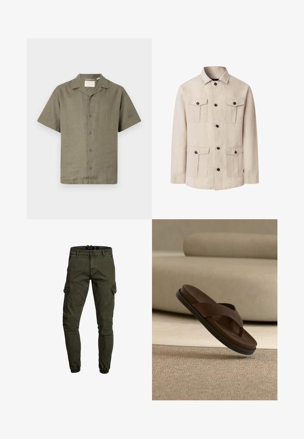 Beige lange mouwen jas met vier klepzakken met knopen en een centrale knoopsluiting, voorzien van een klassieke kraag.; Korte mouw shirt in olijfgroen linnen met een camp collar en zes bijpassende knopen aan de voorkant, met een relaxte pasvorm en gestructureerde stof.; Donkergroene cargobroek met knoopsluiting, elastische boorden en klepzakken op beide dijen.; Bruine leren teenslipper met zwarte zool, hangend boven een beige tapijt in een neutrale binnenruimte.