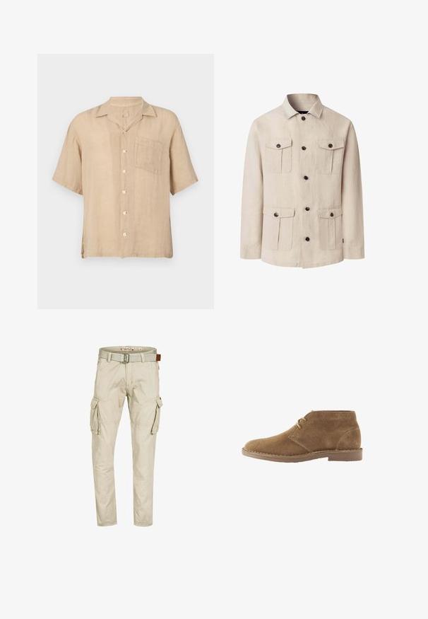 Beige langærmet jakke med fire knapflappelommer og en central knaplukning, der har en klassisk krave.; Kortærmet beige linnedskjorte med en notch-krave, forlommer og hvide knapper. Struktureret stof, afslappet pasform og lige kant.; Beige cargobukser med flere klaplommer, knædetaljer med syninger og et matchende stofbælte med metalkrog.; Brun ruskind ankelhøj afslappet sko med to snørehuller og syet sål på hvid baggrund, set fra siden.