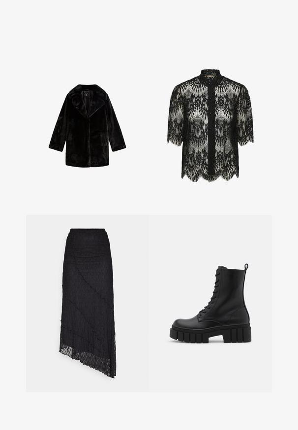 Sort faux fur frakke med bred krave, lange ærmer og mellemlang længde. Glat tekstur, uden synlige lukninger, og to sidelommer.; Sorte blondebluse med bølget kant og korte ærmer. Har en høj krave og knaplukning. Intrikat blomsterdesign overalt.; ONLY ONLKIM SLIT - Maxinederdele - black; Sort læderankelstøvle med kraftig, rillede sål, snørebånd foran og løftestrop på glat hvid baggrund.