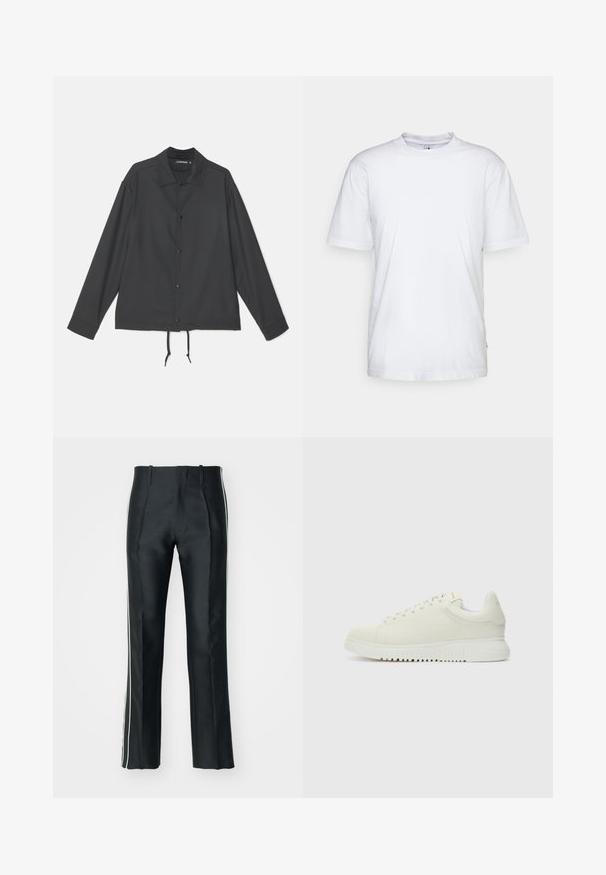 J.LINDEBERG CELIAN COACH OVERSHIRT - Suvejakk - black; Valge puuvillane T-särk ümmarguse kaelusega, lühikeste käistega ja sirge äärisega. Paremal külgõmblusel on väike brändimärgistus.; Mustad satinist püksid kohandatud lõikega, valgete külgtriipudega. Kujundatud lehviva säärega ja ette pandud voltidega, et lisada detaili.; Valge nahkne sneaker, millel on tekstureeritud pealmine osa, ümar varvas, lame valge talla ja tooni järgi seotud paelad. Disciple brändimine keelega.